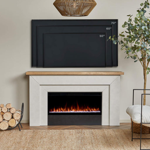 Malie landscape electric fireplace mantel with TV mounted above in living room lifestyle