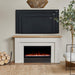 Malie landscape electric fireplace mantel with TV mounted above in living room lifestyle