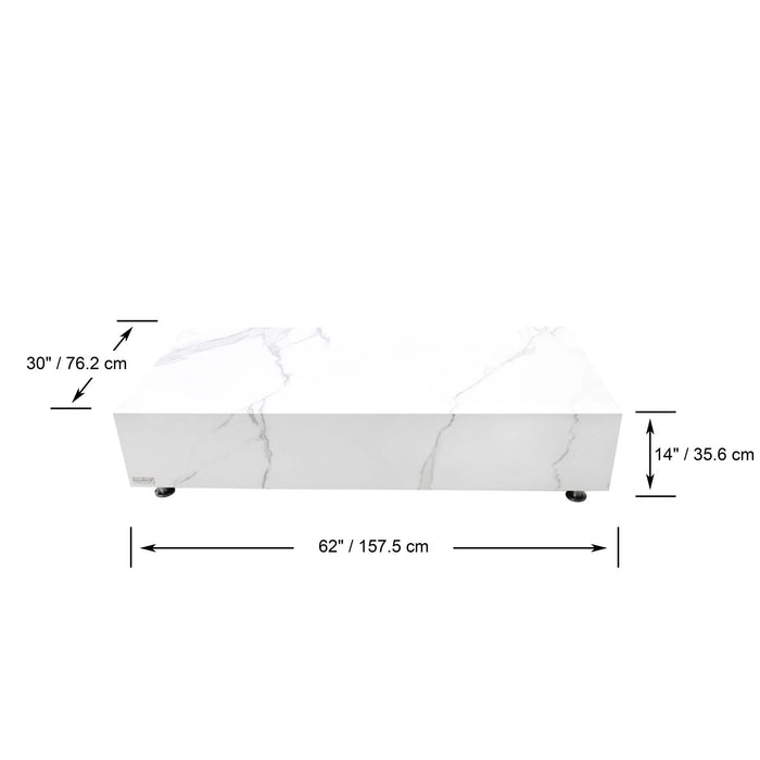 Dimensions of Elementi Marble Porcelain Series - Rectangle Coffee Table in Bianco White, with length, width, and height indicated.