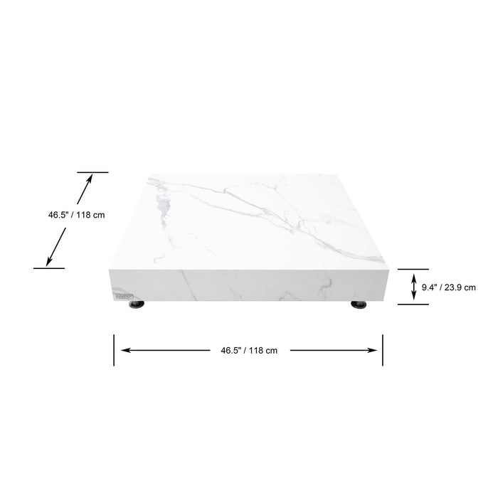 Dimensions of Elementi Marble Porcelain Series - Square Large Coffee Table in Bianco White, with measurements of length, width, and height indicated.