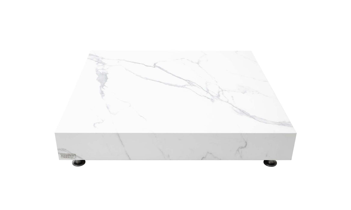 Side view of the Elementi Marble Porcelain Series - Square Large Coffee Table in Bianco White, showcasing its elegant marble pattern and sturdy build.