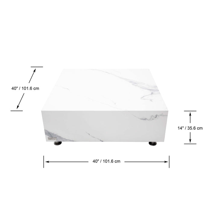 Dimensions of Elementi Marble Porcelain Series - Square Medium Coffee Table in Bianco White, showing height, width, and length.