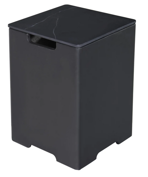 Elementi Plus Square Concrete Tank Cover in matte black finish with subtle marble veining on the lid.