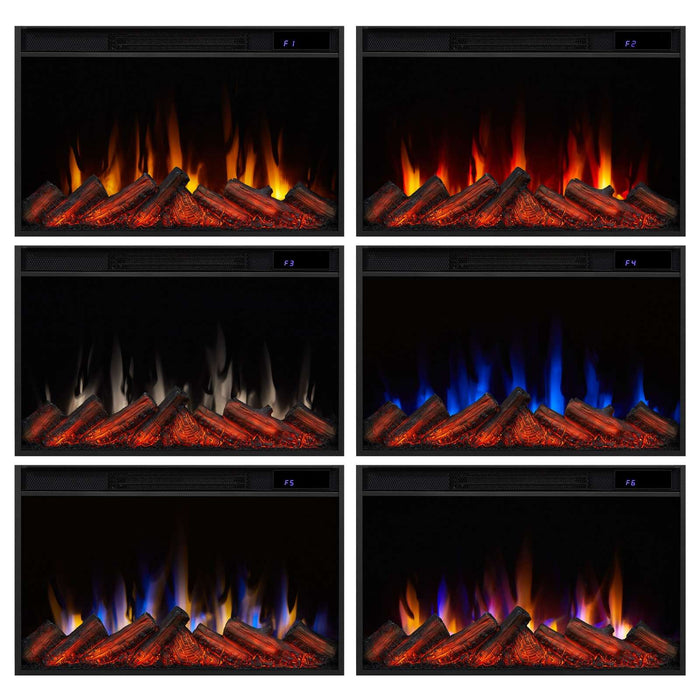 Real Flame Marshall Slim electric fireplace insert showing all 6 flame color modes: orange, red, white, blue, multi-color, and purple-blue blend