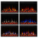 Real Flame Marshall Slim electric fireplace insert showing all 6 flame color modes: orange, red, white, blue, multi-color, and purple-blue blend
