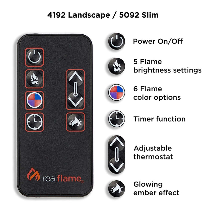 Real Flame Marshall Slim remote control with labeled buttons: power, 5 flame brightness settings, 6 color options, timer, adjustable thermostat, glowing ember effect