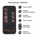 Real Flame Marshall Slim remote control with labeled buttons: power, 5 flame brightness settings, 6 color options, timer, adjustable thermostat, glowing ember effect