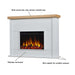 Marshall Slim Electric Fireplace callout highlighting real wood sky oak veneer mantel top, white shiplap surround, and slim depth for smaller spaces