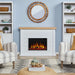 Real Flame Marshall Slim Electric Fireplace in white shiplap mantel in bright coastal living room with rattan mirror, striped armchairs, and glowing orange flames