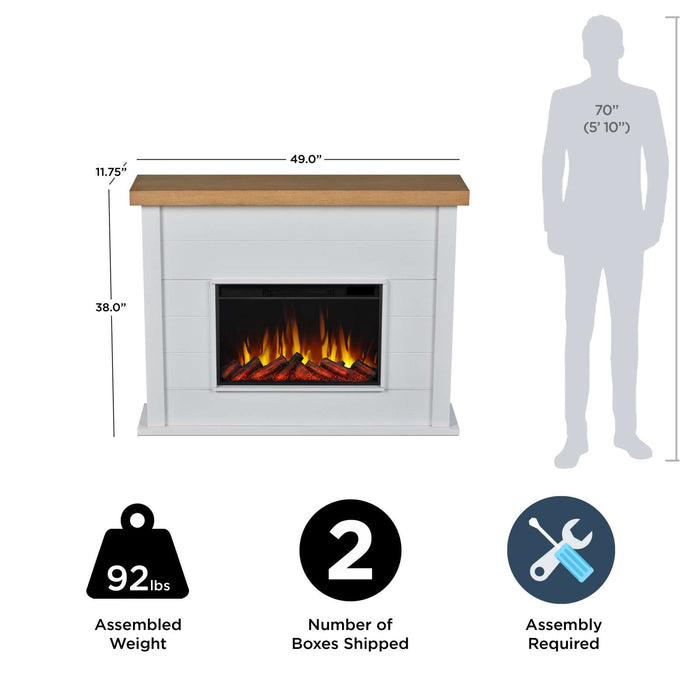 Real Flame Marshall Slim Electric Fireplace in white with dimensions 49W x 38H x 11.75D inches, 92 lbs, shown to scale next to 5-foot-10 silhouette