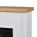 Close-up detail of Real Flame Marshall Slim Electric Fireplace showing natural sky oak veneer mantel top edge and white shiplap panel surround texture