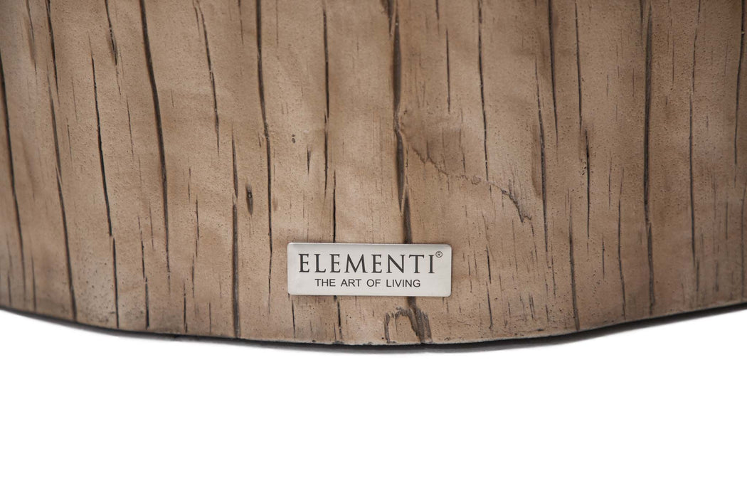 Brand label "Elementi - The Art of Living" on the medium red wood version of the Elementi Daintree coffee table.