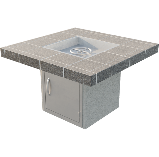 Cal Flame Mesa 38-inch fire pit with tiled top shown without wind guard on a square base.