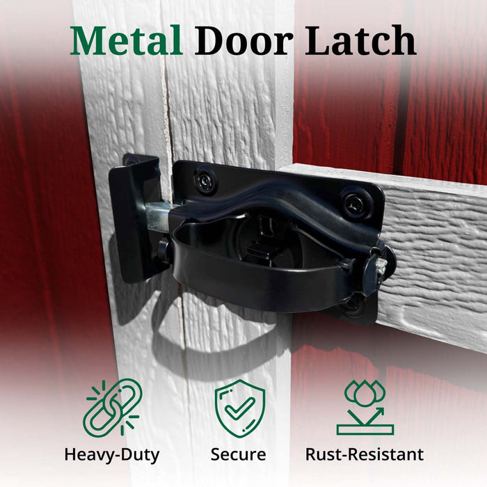 Close-up of heavy-duty rust-resistant metal door latch on Little Cottage Co. chicken coop for secure closure.
