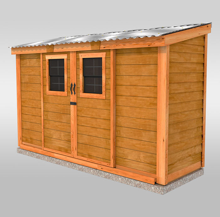 A rendered image of the Outdoor Living Today Spacesaver 12x4 Outdoor Storage Shed with metal roof