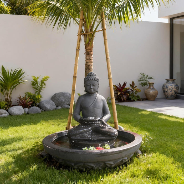 Modern backyard Buddha bowl water fountain with smooth black finish, floating flowers, and minimalist garden setting.