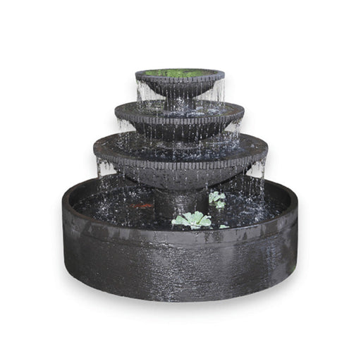 Modern black three tier water fountain with cascading streams and wide circular basin isolated on light background