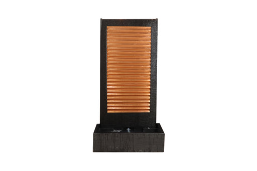 Modern copper panel outdoor water fountain with black textured frame and rectangular basin, shown against neutral backdrop.