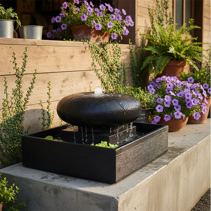 Sleek moon bowl water fountain with square reservoir displayed on patio ledge beside blooming purple flowers and greenery.