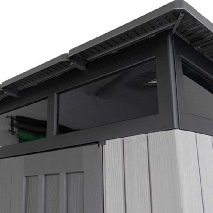 Close-up of the Lifetime Modern Shed's clerestory window and roof corner detail.