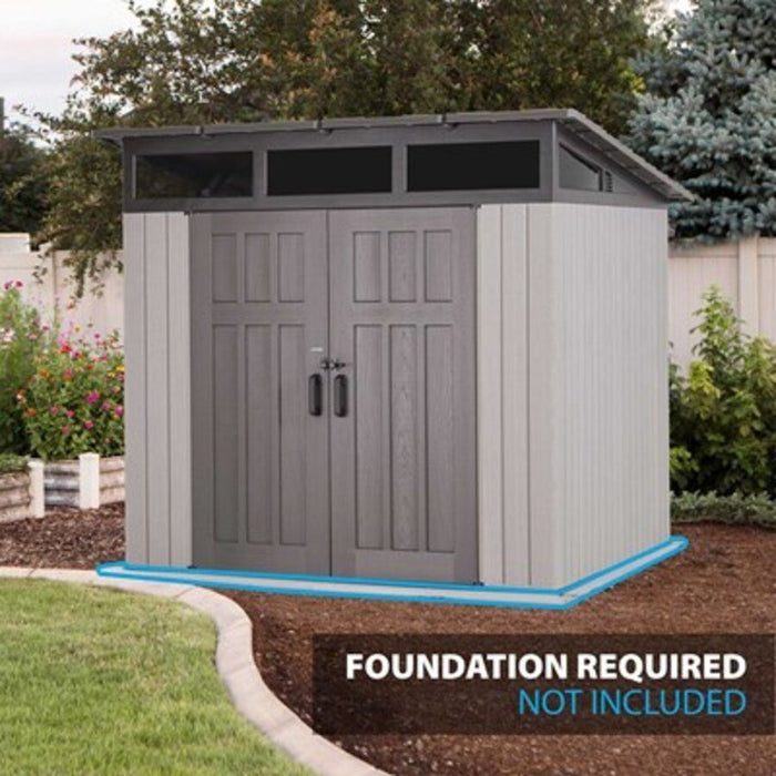 Lifetime Modern Shed studio shot noting foundation required, not included.