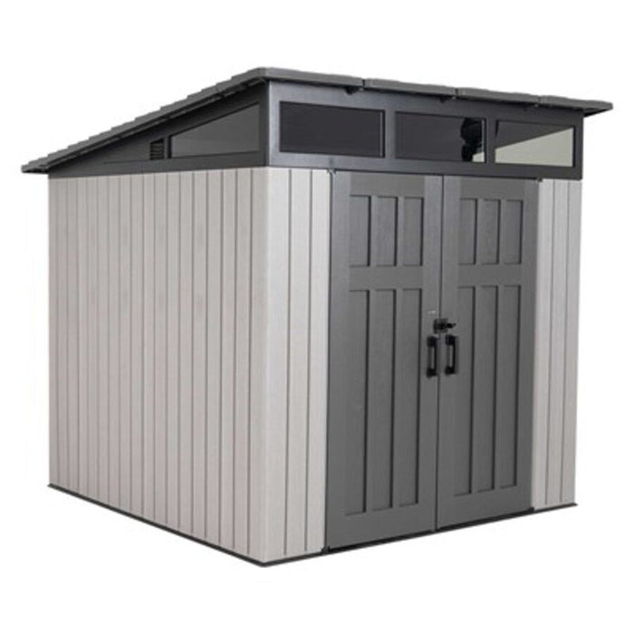 Front view of the Lifetime Modern Shed showing the clerestory windows and 6-panel Craftsman doors.