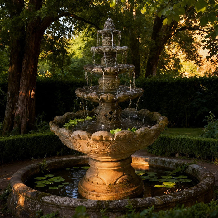 Monaco tiered outdoor garden water fountain in classic stone finish with cascading bowls and lily pads in a landscaped backyard
