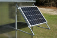Solar panel ventilation kit mounted on Riverstone MONT Greenhouse Mojave for powered airflow and cooling