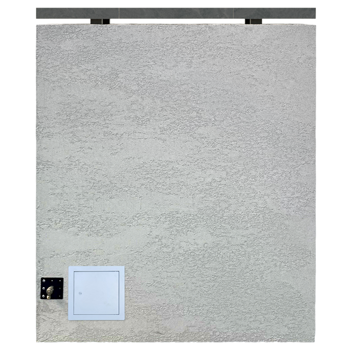 Side angle of Cal Flame Monterey outdoor fireplace with stucco finish and open firebox.