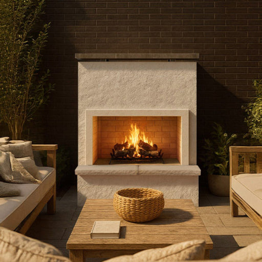 Monterey outdoor fireplace Patio Series by Cal Flame area with bedrock base and stucco body