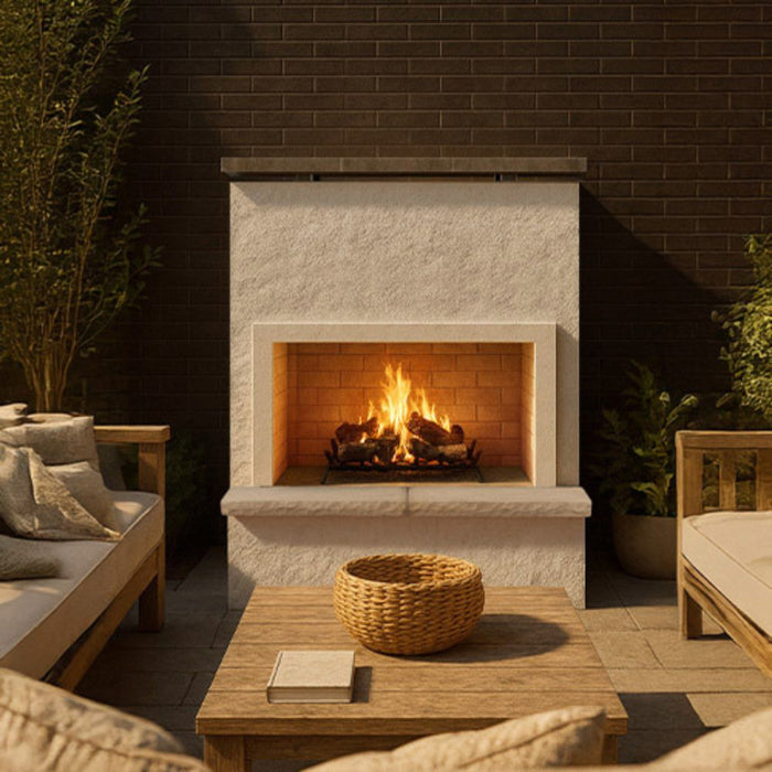 Monterey outdoor fireplace Patio Series by Cal Flame area with bedrock base and stucco body