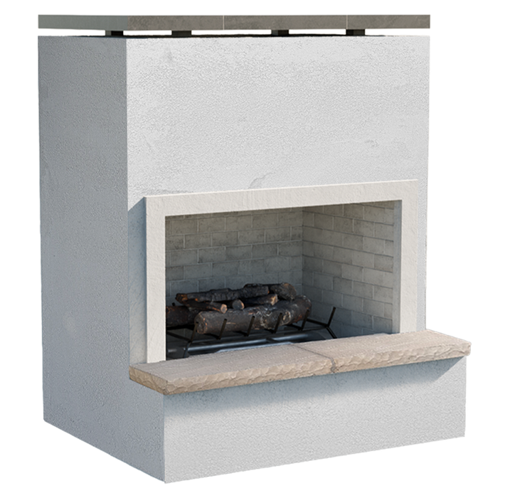 Front view of the Cal Flame Monterey patio fireplace showing stucco texture, trim, and bedrock hearth.