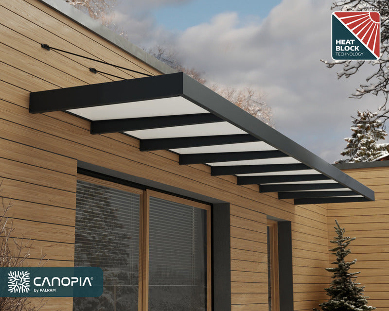 Canopia XL 8000 Awning installed, featuring efficient heat block technology.