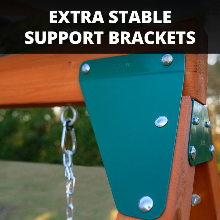 Close-up of teal metal extra stable support brackets bolted to cedar wood A-frame on the Gorilla Playsets Nantucket II swing set