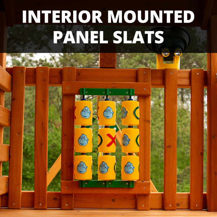 Interior mounted panel slats on the Nantucket II featuring a gorilla-themed tic-tac-toe activity panel mounted between cedar wood deck railings