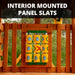 Interior mounted panel slats on the Nantucket II featuring a gorilla-themed tic-tac-toe activity panel mounted between cedar wood deck railings