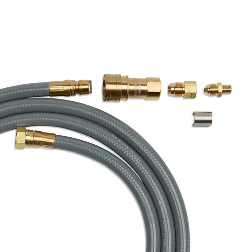 Natural gas hose with brass fittings and connectors from the Real Flame G0004-02 Natural Gas Conversion Kit, laid out to show individual components.