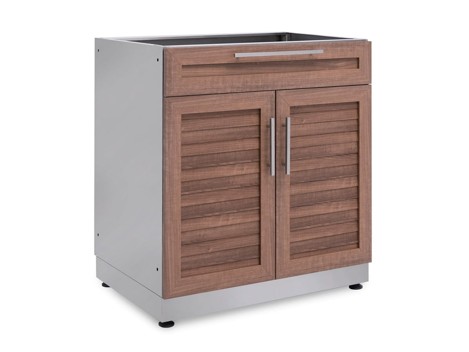 NewAge Classic Series 32 in. Bar Cabinet in Grove finish, front-right angled view with no countertop installed.