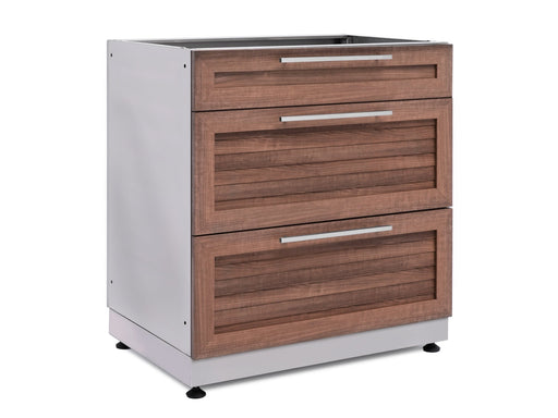 NewAge Classic Series 3-Drawer Cabinet in Grove finish, front-right angled view on a stainless steel base with no countertop installed.