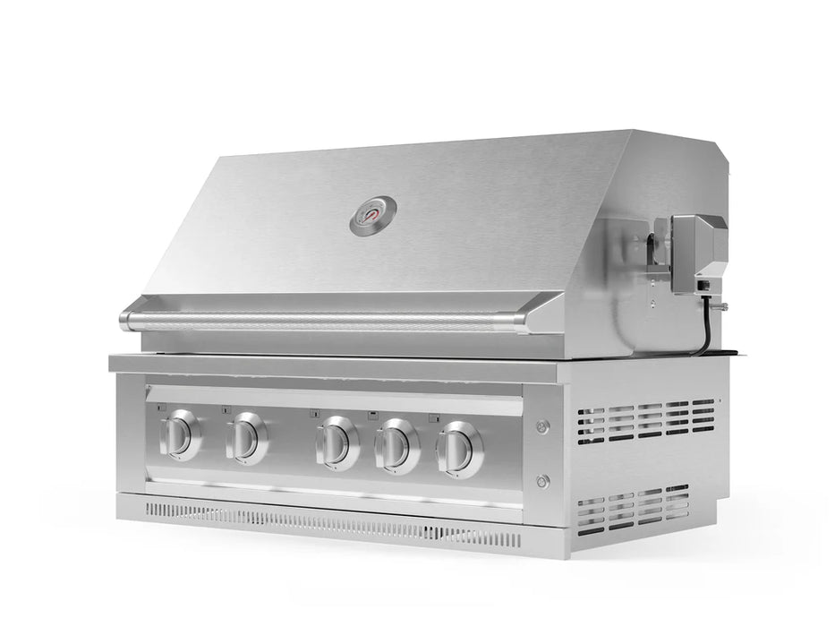 Front view of NewAge 36-inch Premium Outdoor Kitchen Grill, liquid propane, stainless steel finish with control knobs and closed lid.