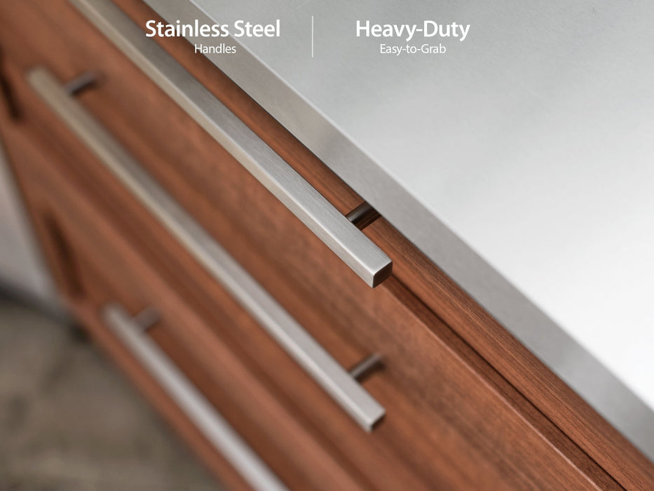 Close-up of the heavy-duty, easy-grip stainless steel handle on the NewAge Classic 3-Drawer Cabinet.