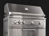Installed NewAge Outdoor Kitchen Platinum Grill 33-inch model, stainless steel exterior with control knobs, closed lid and premium finish.