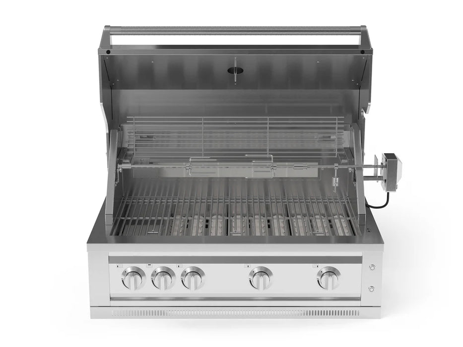 Front view of the 40-inch Stainless Steel Platinum Grill by NewAge Outdoor Kitchen with lid open, showing burners, rotisserie, and cooking grates.