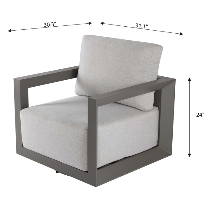 Measurements of the Newport Collection swivel armchair by Elementi, detailing its size for outdoor patio and lounge areas.