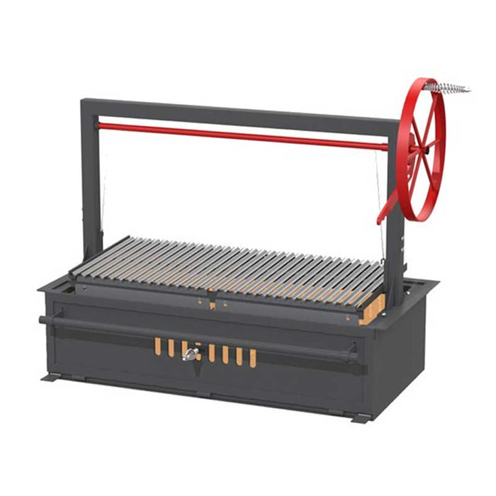 Angled side view of the Sunterra Outdoor Santa Maria 48-inch BBQ grill showing adjustable height mechanism and heavy-duty cooking grates.