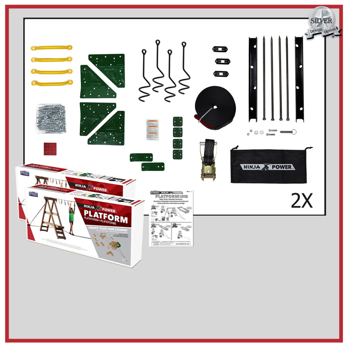 Playstar Ninja Power Platform Silver kit showing all hardware components, brackets, ropes, and packaging
