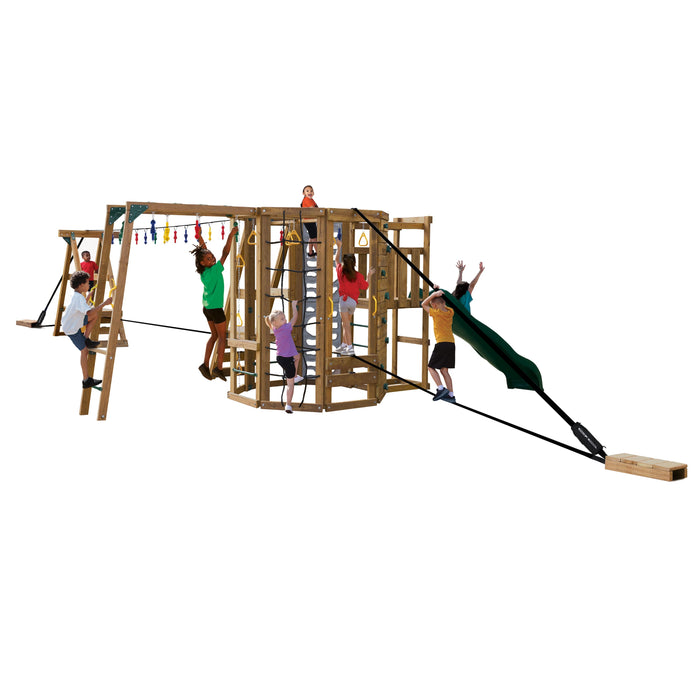 Kids climbing, swinging, and sliding on the Ninja Power Platform Silver outdoor play structure