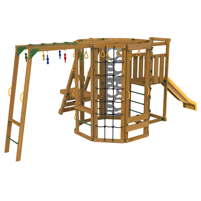 Rendered view of Playstar Ninja Power Tower Bronze playset featuring slide and climbing areas