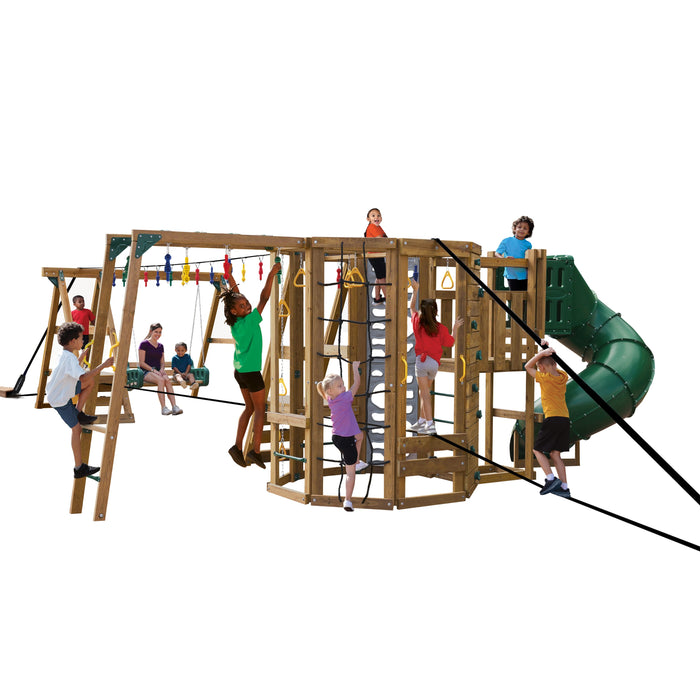 Children climbing, swinging, and sliding on the Ninja Power Tower Gold playset designed for creative outdoor play and exercise.