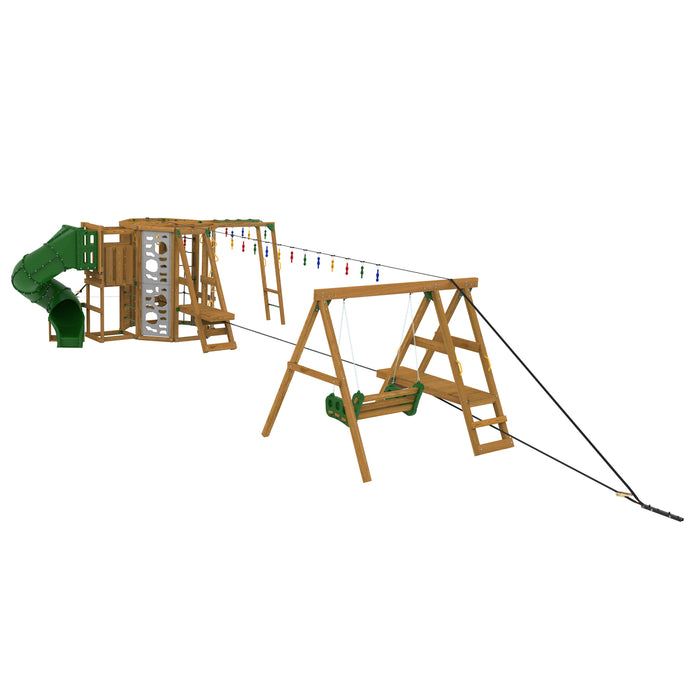 Rear angle of the Ninja Power Tower Gold swing set showcasing the green spiral slide and strong wooden frame.